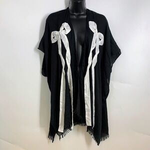 Steve Madden Black One Size Open Front‎ Fringe Scarf Wrap with White Bows